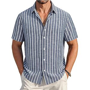 Alex Vando Mens Linen Button Down Short Sleeve Striped Beach Summer Shirt $9.99