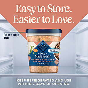 $11.97 get $3 Walmart Cash LIMIT 5 Blue Buffalo Love Made Fresh Refrigerated Adult Fresh Dog Food, Beef Stew, 2lb Tub