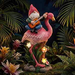 EXYGLO Solar Gnome Garden Statue Decor, 10" Gnome Riding Flamingo $12.49 AC