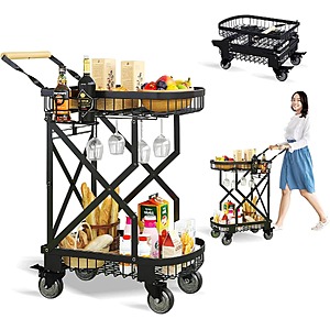 LACACIVIN 2-Tier Foldable Shopping Cart with Wheels for Groceries $69.99 + Free Shipping