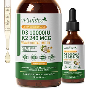 Prime: Mulittea 2 Pack Vitamin D3 K2 Liquid 10000 IU w/ MK7, Omega-3 & MCT Oil $10.23 + Free Shipping