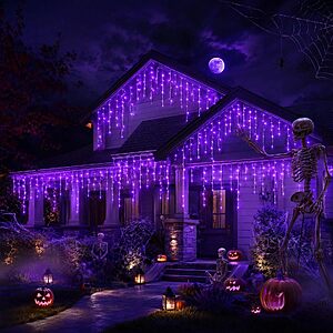 FLVOECN 720 LED 65FT Purple Halloween Ice Lights, Plug in Timer 8 Modes $13.49