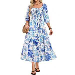 Flowy Fall Maternity Dress 3/4 Sleeve Smocked Floral Boho Maxi Dress Women $14.99