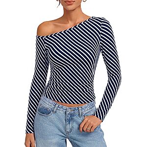 Kate Kasin Women Navy Long Sleeve Off Shoulder Striped Tops, Sexy Slim Fit Shirts, Going Out Casual Party Weekend Blouses $7.49