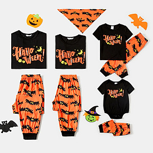 PatPat Halloween Pajamas Family Matching Letter & Bat Print Short Sleeve Pajamas Sets for Pet, Black & Orange $6.99