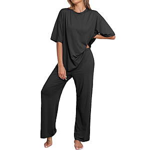 MINTREUS Lounge Sets for Women Knit Short Sleeve Tops and Long Pants Soft Comfy Pajamas Set Oversized 2 Piece Outfits S-4X $18.29
