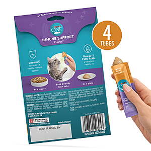 $2.68 get $1.25 Walmart Cash OR Ibotta Limit 5 FS Plus: Purina ONE Plus Immune Support Purees With Tuna or Real Chicken Lickable Cat Treats, 1.4 oz.