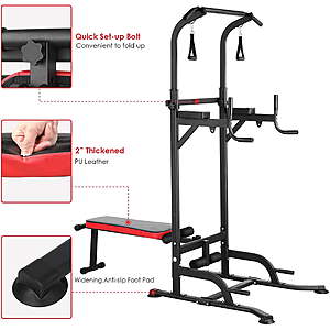 $146 FS WALMART by Pirecart Power Tower with Bench Height Adjustable Pull Up Bar Stand Dip Station with Folding Weight Bench and 4 Ropes, 400lbs