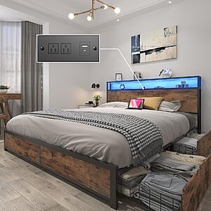 [Lightning Deal ]Lifezone Queen Bed Frame with 2-Tier Storage Headboard, Metal Platform Bed Frame with 4 Storage Drawers, Built in Charging Station & LED $169.99