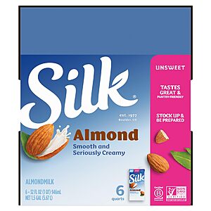 $11.15 S&S AMAZON Silk Plant Based Shelf-Stable Almond Milk, Unsweetened, 32 fl oz, 6 Count