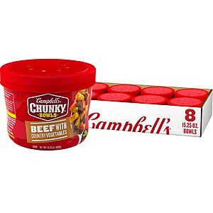 Campbell's Chunky Soup, Beef Soup with Country Vegetables, 15.25 oz Microwavable Bowl (8 Pack)~$12.82 With S&S @ Amazon