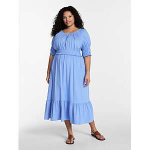 $8.09: Terra & Sky Women's Plus Scoop Neck Maxi Dress with Elbow-Length Sleeves (Blue/Rose, 0X-3X) at Walmart.com