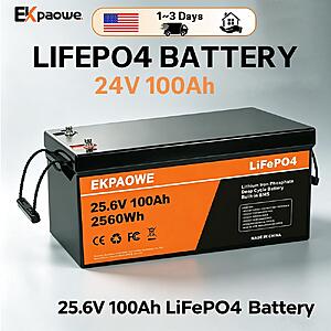 EKPAOWE 24V 100Ah LiFePO4 Battery 2560Wh 6000+ Cycles $239 + Free Shipping