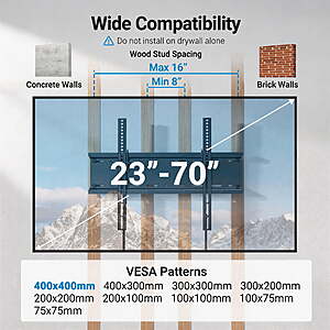 $10.99ac FS Walmart+ by BSQ: Tilt TV Wall Mount Bracket Low Profile Fits 23-70 inch TVs, Holds up to 115lbs, Fits 8"/12"/16" Wood Stud, Max 400x400mm