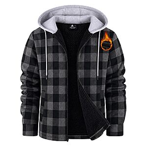 ZITY Flannel Jacket for Men Sherpa Fleece Lined Full-Zip Plaid Hoodie - $18.99 AC