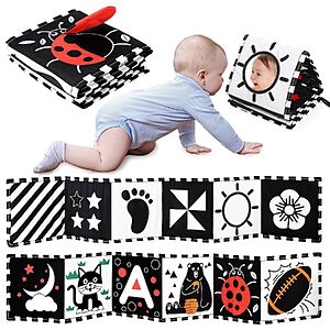 URMYWO High Contrast Black & White Baby Soft Tummy Time Activity Book w/ Mirror $5.99 + Free Shipping w/ Prime or on $35+
