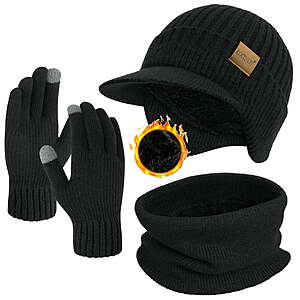 $15 fs LSD via Walmart:  KOITHOT 3 Pcs Winter Beanie Hat with Brim and Ear Flaps Knitted Line Neck Warmer Touchscreen Gloves Set for Men Black