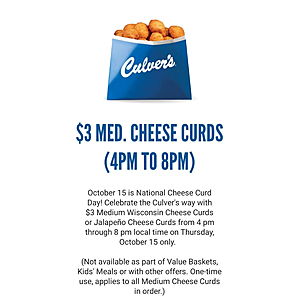 Culver’s: $3 Medium Cheese Curds TODAY ONLY, 4-8pm LOCAL, Online/App Only