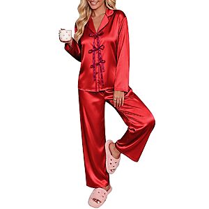 Ekouaer Women's Satin Bow-Tie V-Neck Long-Sleeve Pajama Set (various) $10.99 + Free Shipping w/ Prime or on $35+