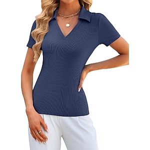 GKBK Slim Fit Ribbed Knit Collared Polo Shirt V-Neck Short Sleeve - $4.99 AC
