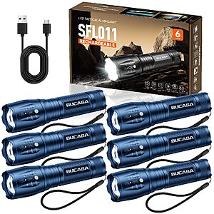 BUCASA Rechargeable Flashlights High Lumens 6 Pack (Blue),  Rechargeable, Waterproof LED Flashlight with 3 Zoomable Modes $26.5
