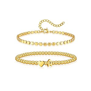 Wowshow 18K Gold Plated Stretch Initial Beaded Bracelet w/ Heart Charm (A,C,E,J,L,S)$2.99 + Free Shipping w/ Prime or on $35+