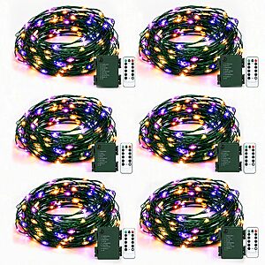 6 Pack Fairy Lights, 60 LED 9.8FT Purple & Orange Battery String Lights | 60 LED 9.8FT Purple & Orange Fairy Lights Battery Operated Waterproof, 8 Modes with Remote $14.99