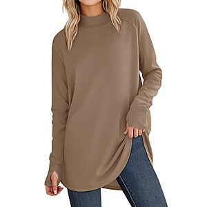 JUSTFASHIONNOW Women's Long Sleeve Mock Neck Tunic Top w/ Thumb Holes & Curved Hem (S-XXL, Various Colors) $5.99 + Free Shipping w/ Prime or on $35+