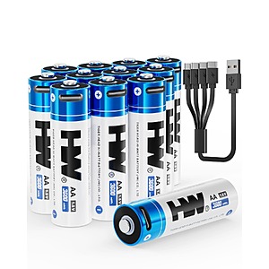12-Pack HW Rechargeable AA USB-C 1.5V 3600mWh Lithium Batteries w/ Charging Cable $24.56 + Free Shipping w/ Prime