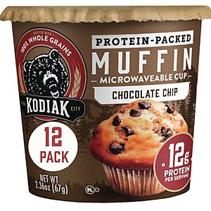 $17.39 | 12-Pack 2.36-Oz Kodiak Cakes Minute Muffins (Chocolate Chip) at Amazon ($1.45 each)