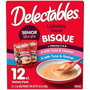 [SnS, AC] $7.14 | 12-Pack 1.4-Oz Delectables Lickable Treat Bisque Senior 10+ Wet Cat Treat (Senior Variety) at Amazon (59.5￠ each)