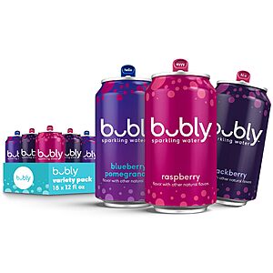 bubly Sparkling Water, Triple Berry Variety Pack, 12 fl oz Cans (18 Pack)~$6.75 With S&S @ Amazon