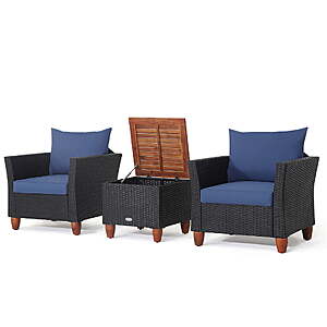 Gymax 3PCS Patio Rattan Conversation Set Outdoor Furniture Set w/ Navy Cushions $160 + Free Shipping
