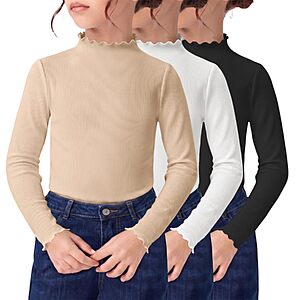 Arshiner Girls 3 Pack Lettuce Trim Mock Neck Long Sleeve Shirts Ribbed Tops $9.99