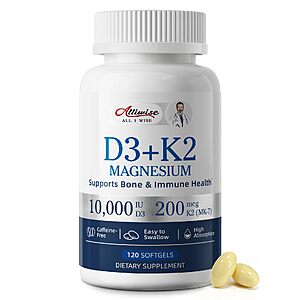 Amazon – Alliwise D3 K2 Vitamin 10000 IU with Magnesium Glycinate Softgels,120 Count - $6.99 w/ Code