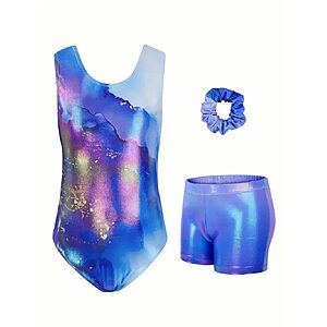 3-Piece JiAmy Girls' Sparkly Sleeveless Gymnastics Leotard Set w/ Shorts & Scrunchie (Various Colors/Prints) from $5.99 + Free Shipping w/ Prime or on $35+