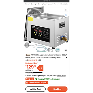 Vevor 4 gal/15L Ultrasonic Cleaner (600W Heater,360W Ultrasonic) - $107.55