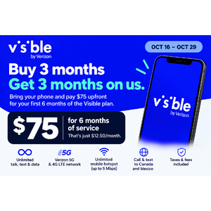 Visible Wireless: 6 Months Unlimited Talk, Text & Data $75 ($12.50/mo, New Members, BYOD)