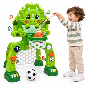 Adjustable Toddler Basketball Hoop & Soccer Goal, Dinosaur Sports Toy for Kids $24.99