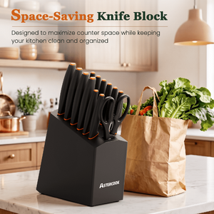$29.79 FS WALMART+ by ASTERCOOK Astercook 14-Piece Kitchen Knife Set with Block, High Carbon German Stainless Steel, Built-in Sharpener, Dishwasher Safe, Black