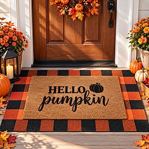 2 Pack Fall Door Mat Set, Hello Pumpkin Mat & Plaid Rug for Thanksgiving $25.99