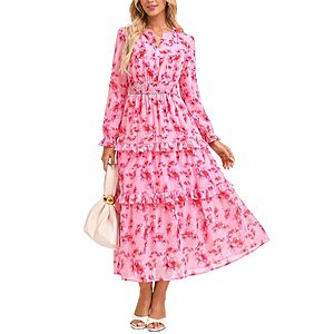 GRACE KARIN Women's Long Sleeve V-Neck Smocked Maxi Floral Chiffon Dress (Various) from $15.33 + Free Shipping w/ Prime or on $35+