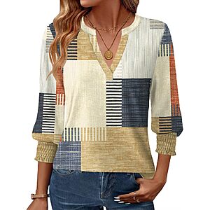 Women's 3/4 Sleeve V-Neck Blouse with Smocked Cuffs – $4.49