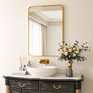 24" x 36" Xramfy Rectangular Aluminum Alloy Framed Rounded Wall Mirror (Gold) $38.23 + Free Shipping