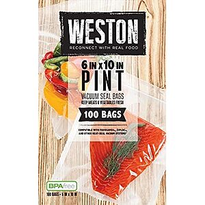 [NEW] $9.99 | 100-Count Weston 6" x 10" Pint Vacuum Sealer Bags For Meal Prep & Sous Vide at Amazon