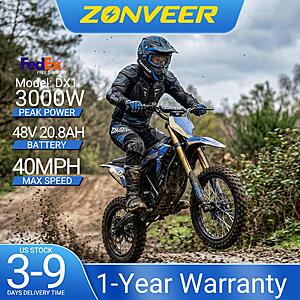 ZONVEER DX1 Electric Dirt Bike for Teens 3000W Peak Mid Motor 48V 20.8Ah 40MPH $781.1 + Free Shipping