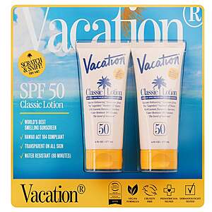 Costco Members: 2-Pack 6-Oz Vacation Classic SPF 50 Sunscreen Lotion $14.97 + Free Shipping