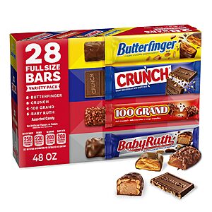 [S&S] Assorted Butterfinger, CRUNCH, Baby Ruth, 100 Grand Candy Bars 28 Ct, 48 Oz $29.41