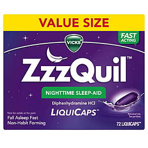 [+$3 WM Cash] ZzzQuil LiquiCap Sleep Aid, Diphenhydramine 25mg HCl, 72 LiquiCaps $17.12