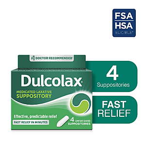 [+$2 WM Cash] Dulcolax Stimulant Laxative Medicated Suppositories, Bisacodyl 10 mg, 4 Count $5.48